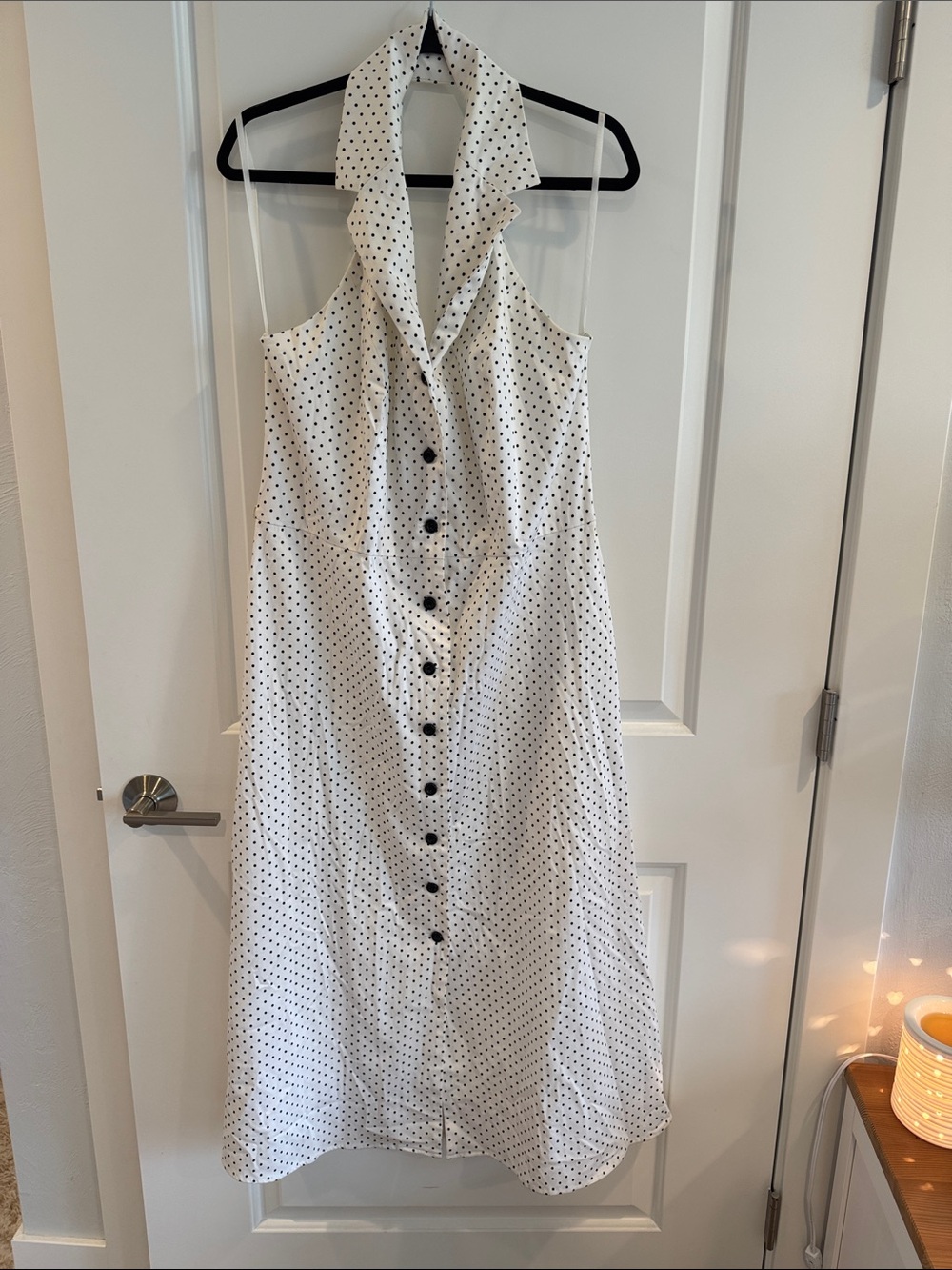 Polka Dot Halter Midi Dress White Black Button Front Classic Retro Style 16